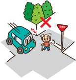 イラスト：高齢者が左右の安全を確認しないで交差点に入ったところへ車が急接近している様子