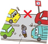 イラスト：高齢者が横断禁止の標識がある道路を横断している様子