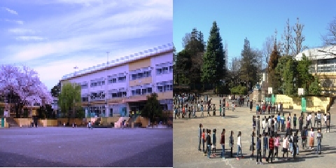 写真左：校舎の写真　写真右：校庭で遊んでいる風景