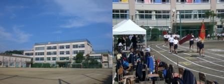 写真：富士見丘中学校の校舎全景・入場行進の様子
