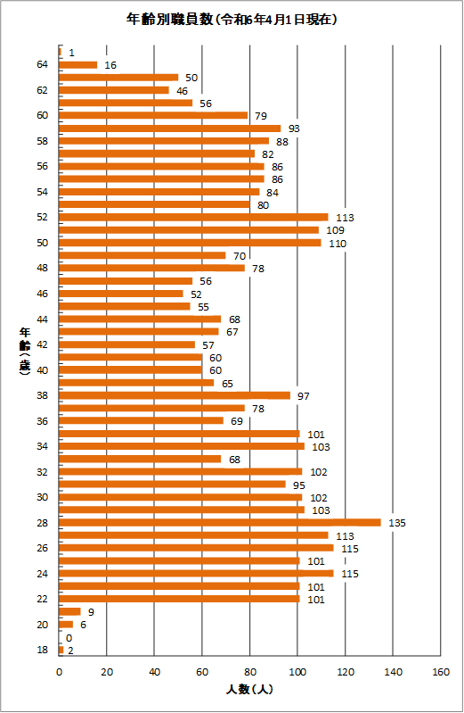 年齢別職員数（令和6年4月1日現在）　64歳1人、64歳16人、63歳50人、62歳46人、61歳56人、60歳79人、59歳93人、58歳88人、57歳82人、56歳86人、55歳86人、54歳84人、53歳80人、52歳113人、51歳109人、50歳110人、49歳70人、48歳78人、47歳56人、46歳52人、45歳55人、44歳68人、43歳67人、42歳57人、41歳60人、40歳60人、39歳65人、38歳97人、37歳78人、36歳69人、35歳101人、34歳103人、33歳68人、32歳102人、31歳95人、30歳102人、29歳103人、28歳135人、27歳113人、26歳115人、25歳101人、24歳115人、23歳101人、22歳101人、21歳9人、20歳6人、19歳0人、18歳2人