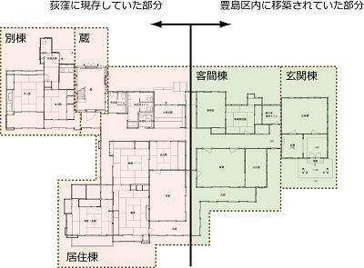 居住棟・別棟と客間棟・玄関棟を示した平面図