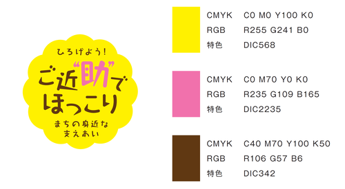 シンボルマーク「ひろげよう！　ご近助でほっこり　まちの身近な支えあい」の配色。背景色はCMYK：C0 M0 Y100 K0、RGB：R255 G241 B0、特色：DIC568。助の文字はCMYK：C0 M70 Y0 K0、RGB：R235 G109 B165、特色：DIC2235。その他の文字はCMYK：C40 M70 Y100 K50、R106 G57 B6、特色：DIC342。