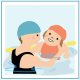 ママと赤ちゃんが水中で遊ぶ