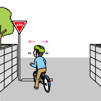 止まれ標識のある交差点で一時停止と左右の安全確認をしている自転車に乗っている人のイラスト