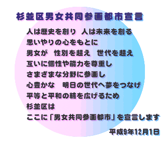 杉並区男女共同参画都市宣言　人は歴史を創り　人は未来を創る　思いやりの心をもとに　男女が　性別を超え　世代を超え　互いに個性や能力を尊重し　さまざまな分野に参画し　心豊かな　明日の世代へ夢をつなげ　平等と平和の輪を広げるため　杉並区は　ここに「男女共同参画都市」を宣言します　平成9年12月1日