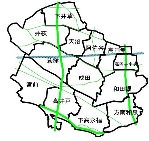 方南和泉地区、下高永福地区、和田掘地区、高円寺中央地区、高円寺地区、阿佐谷地区、成田地区、天沼地区、荻窪地区、下井草地区、井荻地区、宮前地区、高井戸地区の13地区に分かれています。