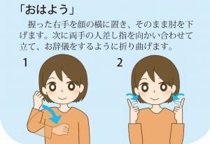 「おはよう」握った右手を顔の横に置き、そのまま肘を下げます。次に両手の人差し指を向かい合わせて立て、お辞儀をするように折り曲げます。