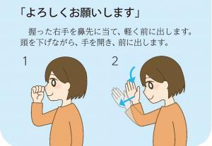 「よろしくお願いします」握った右手を鼻先に当て、軽く前に出します。頭を下げながら、手を開き、前に出します。