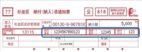 納付書の例の画像（「納付番号」「確認番号」「納付区分」の記載がある100万円未満の納付書）