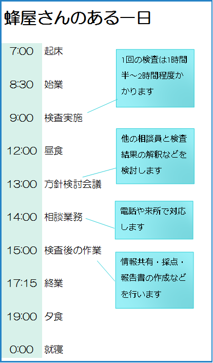 蜂屋さんのある一日：午前7時　起床、午前8時30分　始業、午前9時　検査実施（1回の検査は1時間半～2時間程度かかります）、正午　昼食、午後1時　方針検討会議（他の相談員と検査結果の解釈等を検討します）、午後2時　相談業務（電話や来所で対応します）、午後3時　検査後の作業（情報共有・採点・報告書の作成等を行います）、午後5時15分　終業、午後7時　夕食、0時　就寝