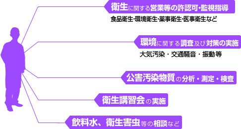 衛生に関する営業等の許認可・監視指導（食品衛生・環境衛生・薬事衛生・医事衛生など）、環境に関する調査及び対策の実施（大気汚染・交通騒音・振動等）、公害汚染物質の分析・測定・検査、衛生講習会の実施、飲料水、衛生害虫等の相談など