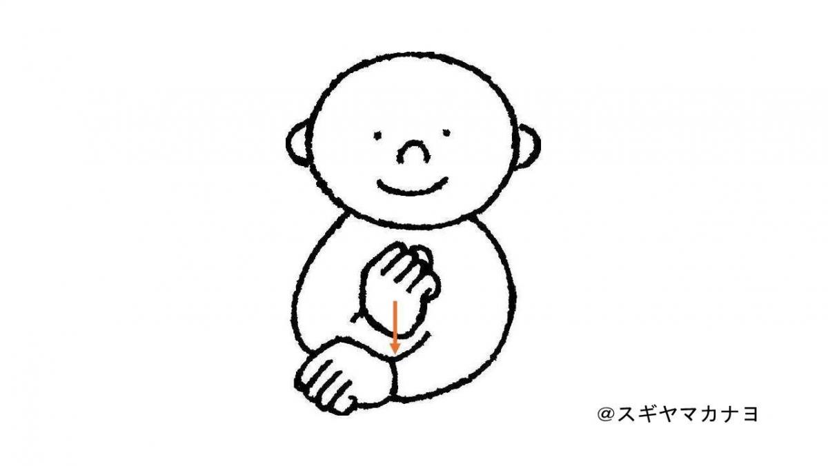 「おつかれさま」の手話を説明するイラスト copyright スギヤマカナヨ