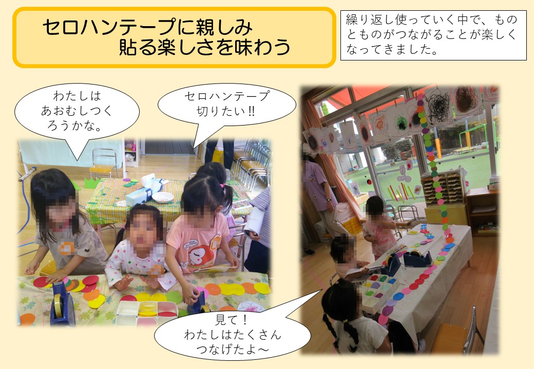 5月3歳児。セロハンテープに親しみ、貼る楽しさを味わう