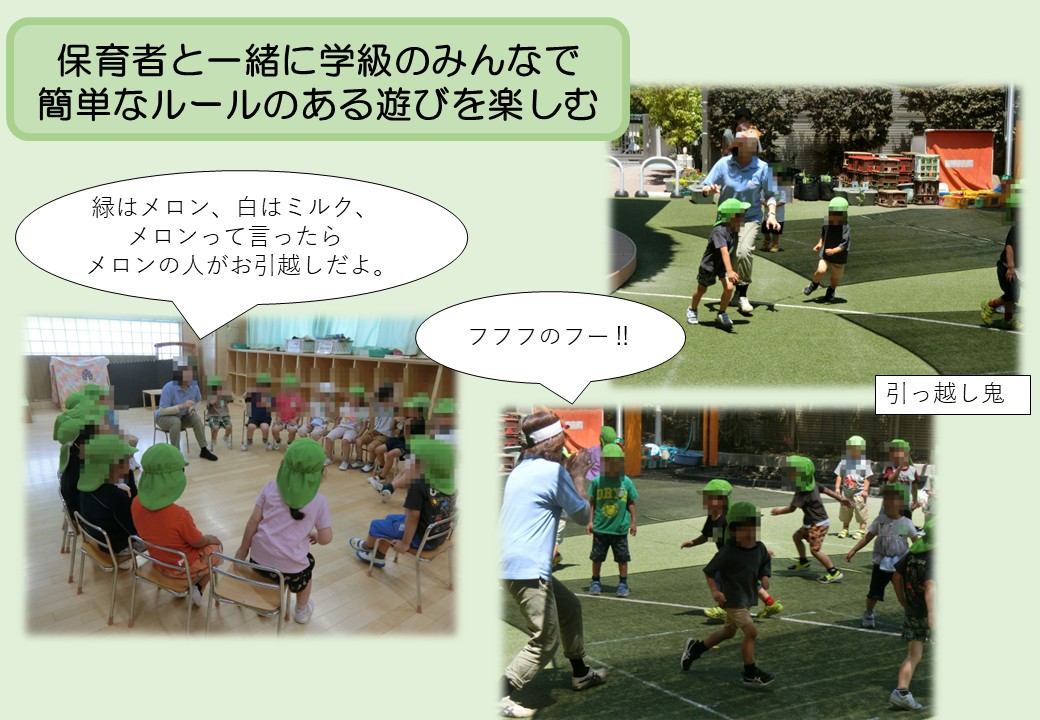 5月4歳児。保育者と一緒に学級のみんなで簡単なルールのある遊びを楽しむ