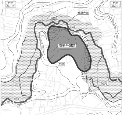 昭和15年の地図系に現在の遺跡構造を重ねたもの