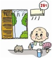 エアコン設定28度で快適に夏を過ごしている様子のイラスト